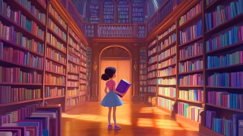 Girl Reading in a Grand Library
