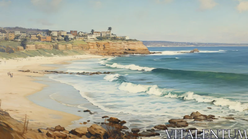 Tranquil Beach Scene with Cliffside Buildings