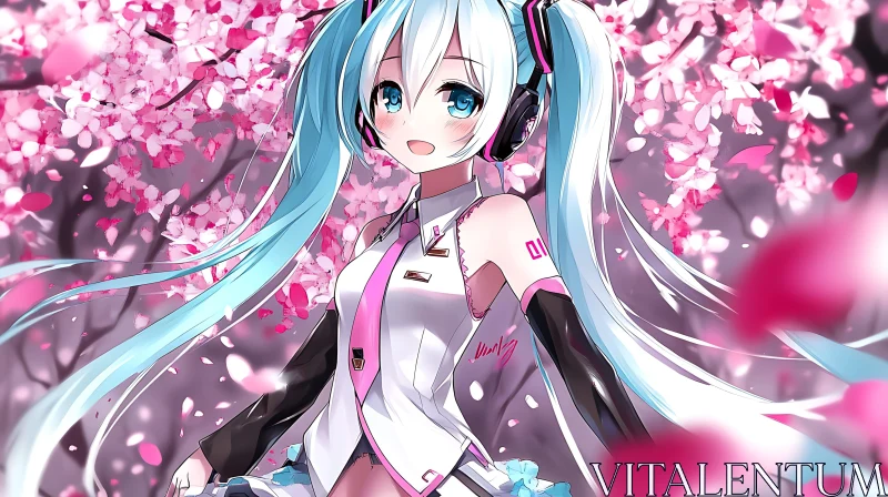 Blue-Haired Anime Girl and Cherry Blossoms