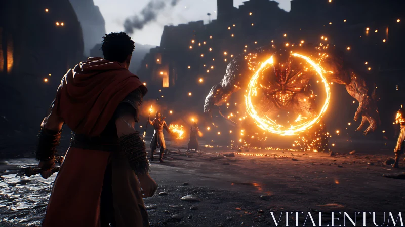 Warrior Confronts Fiery Beast in Ruined City