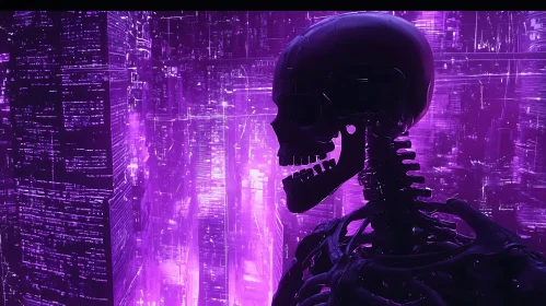 Purple Cityscape with Skeleton