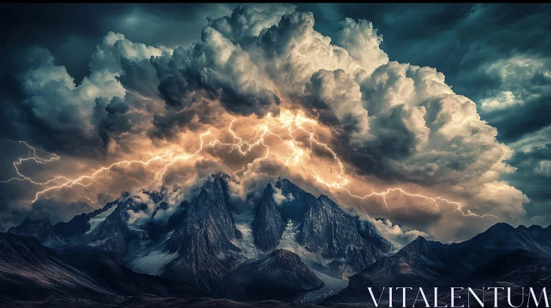 Stormy Mountain Peaks with Lightning Strikes AI Image