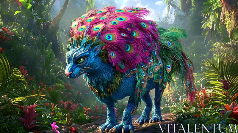 AI ART Blue Feline Peacock Hybrid in Nature