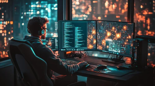 Coder at Night with Multiple Monitors