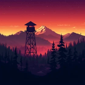 Mountains and Forest Watchtower Scenery