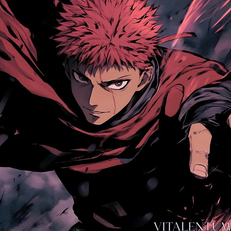 Vivid Red-Haired Anime Hero AI Image