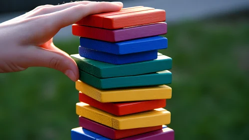 Precarious Tower of Colorful Wooden Blocks