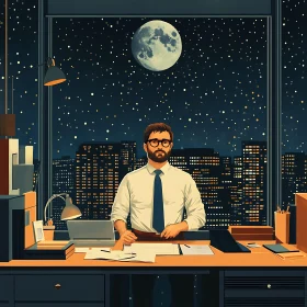 Man working late with moon view