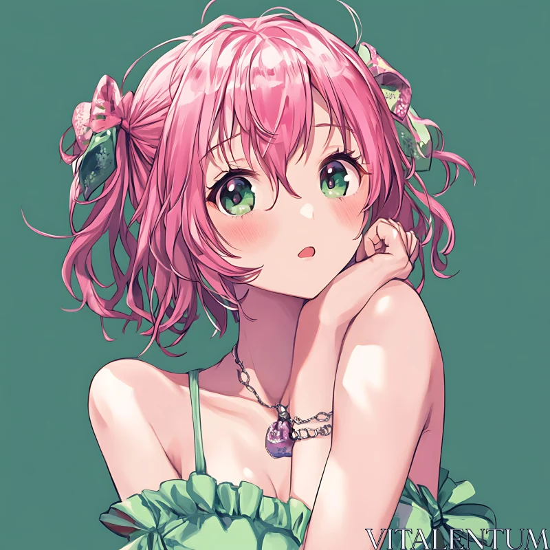 Charming Anime Girl with Adorable Pink Hair and Green Eyes AI Image