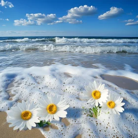 Coastal Daisies in Foamy Waves