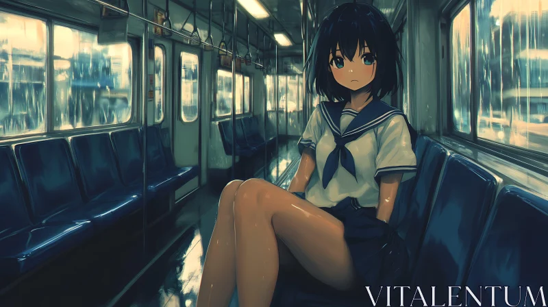 AI ART Solitary Anime Girl on Rainy Train Ride