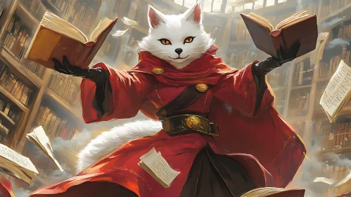 Mystical Feline Sorcerer with Spellbooks