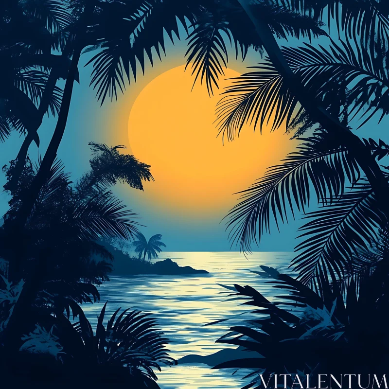 AI ART Island Sunset Serenity with Palm Silhouettes