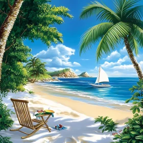 Tropical Beach with Sailboat and Palm Trees