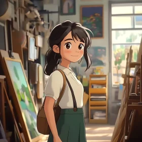 Cheerful Anime Girl Surrounded by Art