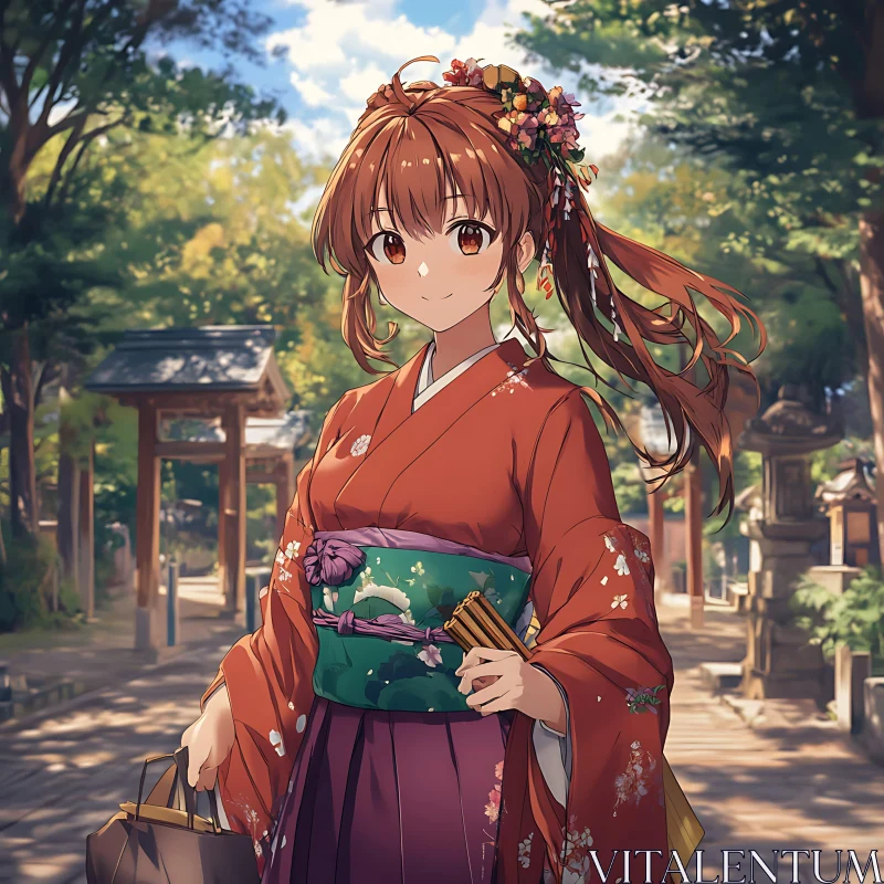 Elegant Anime Girl Dressed in Kimono in Peaceful Outdoor Setting AI Image