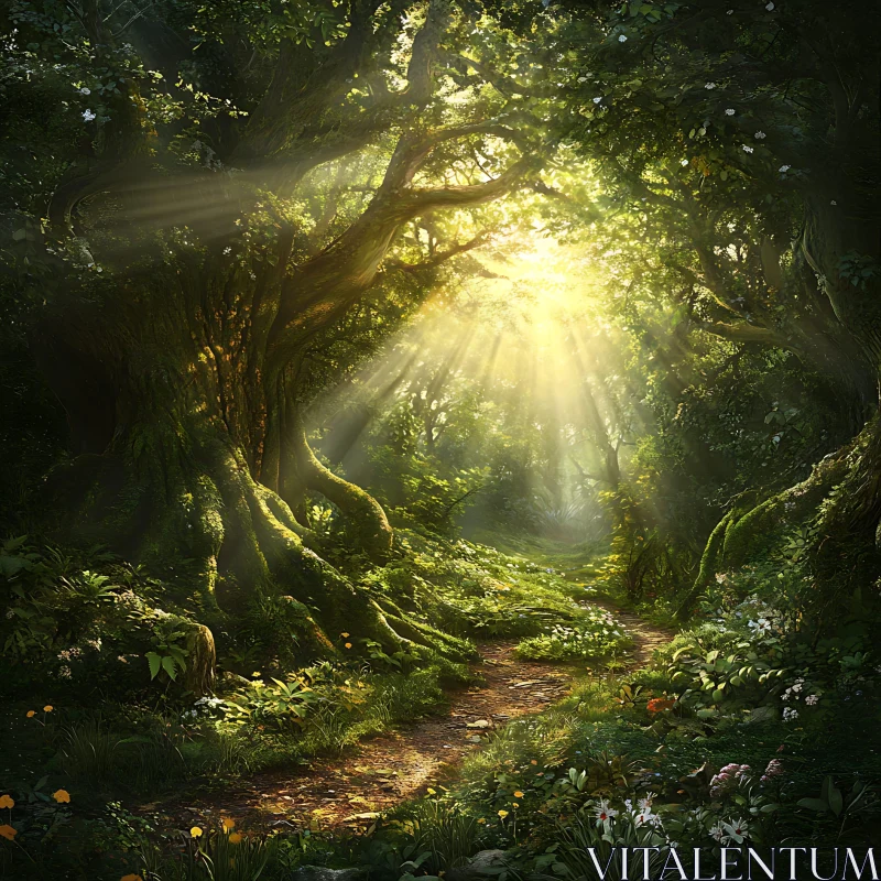 AI ART Sunlit Path in an Enchanted Forest