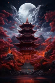 Mystical Night: Pagoda and Red Trees