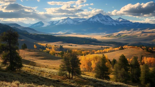 Snowy Peaks and Golden Valley Landscape