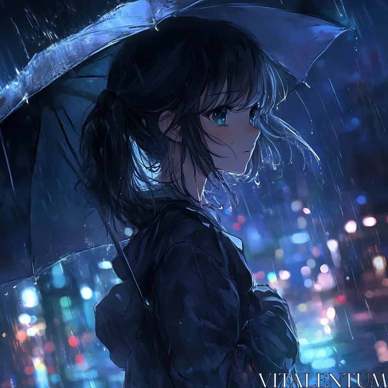 Reflective Anime Girl in Rain with Umbrella AI Image