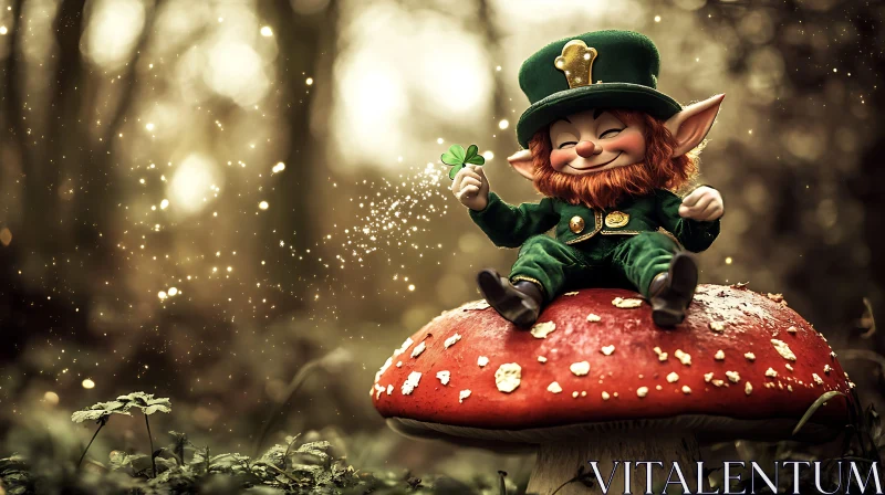 AI ART Leprechaun with Clover on Toadstool