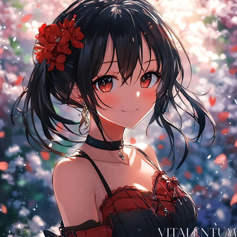 Elegant Anime Girl with Floral Adornments AI Image