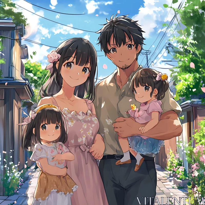 Happy Family in Anime Style Outdoors AI Image