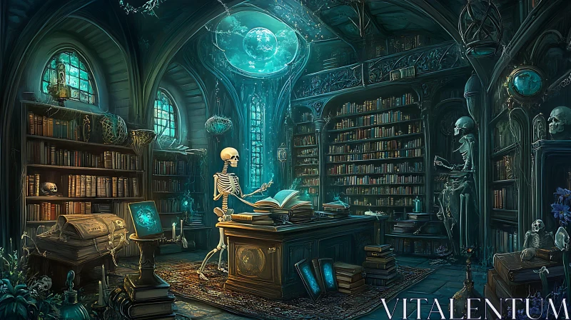 Gothic Library with Skeleton Student AI Image