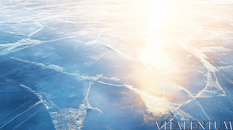 Frozen Landscape with Sunlit Ice Cracks AI Image