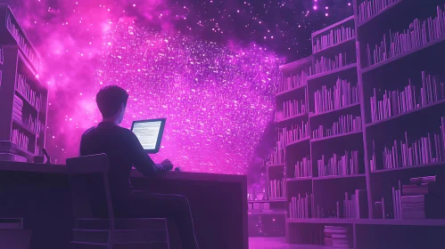 Cosmic Library Study in Neon Hues