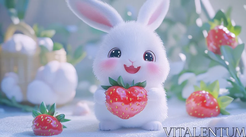 Charming Bunny Holding a Strawberry AI Image