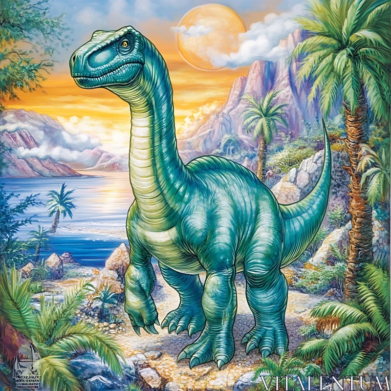Teal Dinosaur with Tropical Sunset AI Image