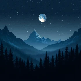 Night Landscape with Moon, Mountains, and Forest