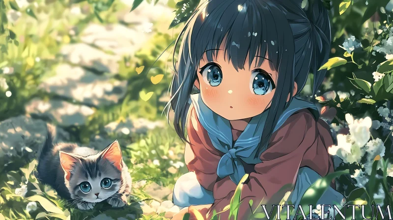 AI ART Cute Anime Scene with Girl and Kitten