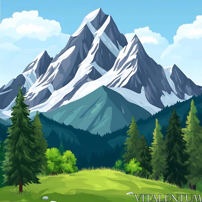 Snowy Peaks and Verdant Valley Scene AI Image