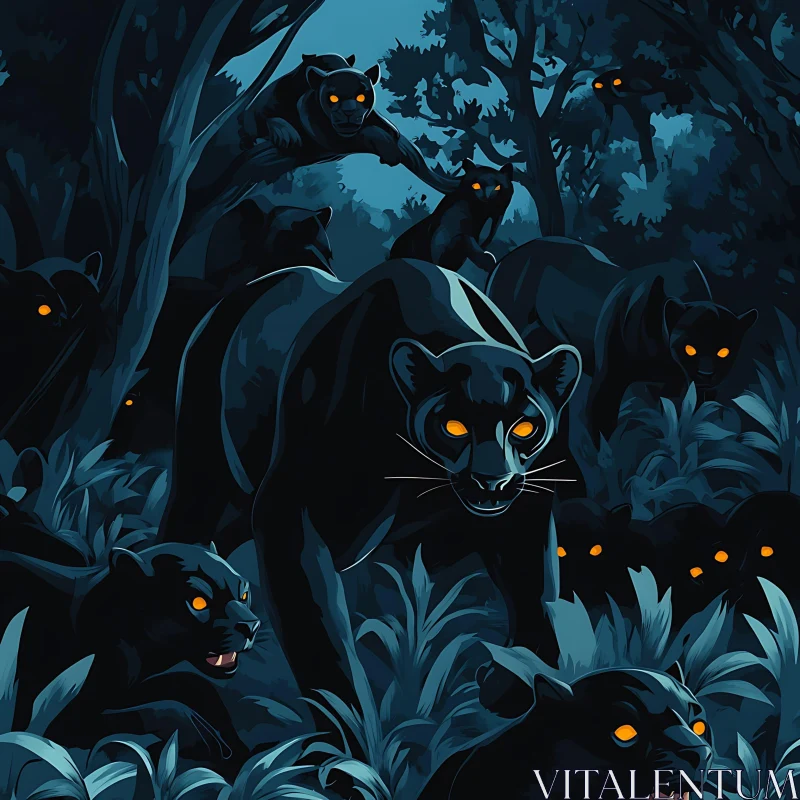 Night Watch: Panthers in Dark Forest AI Image