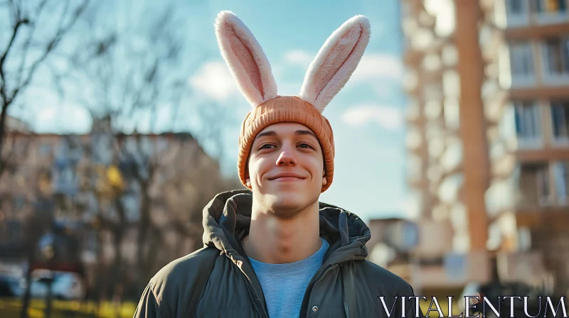 Man Smiling with Bunny Hat AI Image