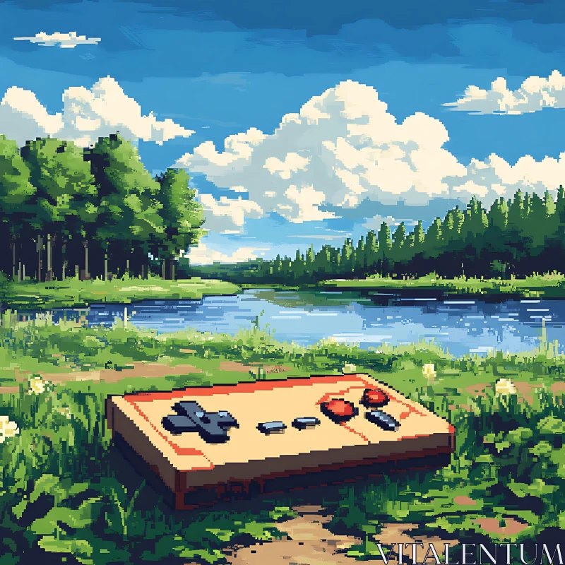 Retro Game Controller in Pixel Art Nature Landscape AI Image