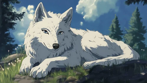 Resting White Wolf Portrait in Nature