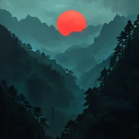 Red Sun Over Teal Mountains