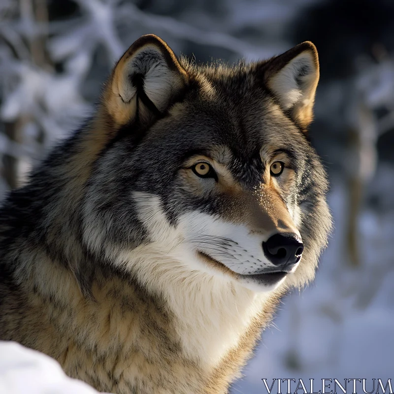 AI ART Close-Up of a Wolf in Snowy Woods