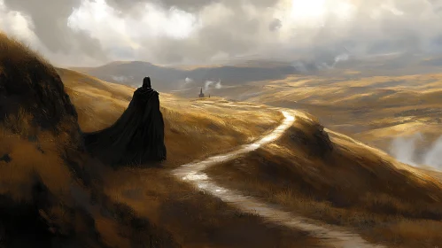 Cloaked Figure Overlooking Winding Path