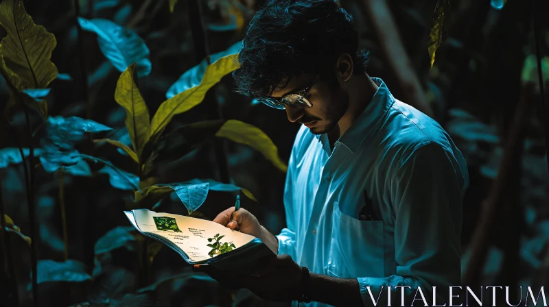 Man Taking Notes in Forest AI Image