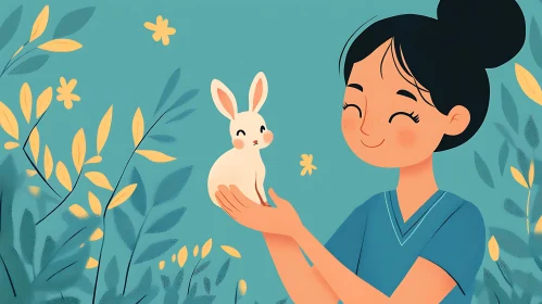 Illustration of Girl Holding a Bunny
