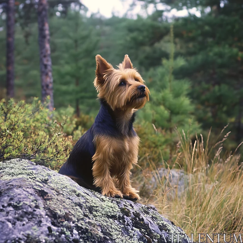 Small Dog on Moss-Covered Rock in Nature AI Image