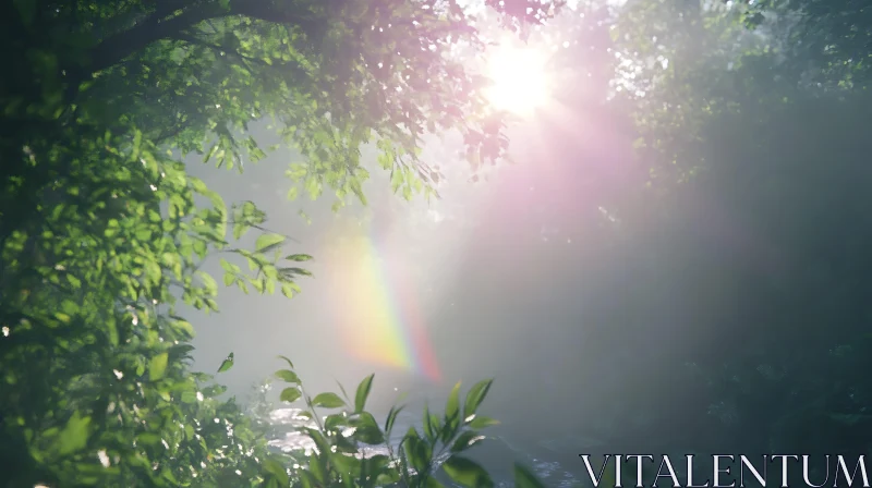 AI ART Sunlit Forest Canopy with Rainbow Prism