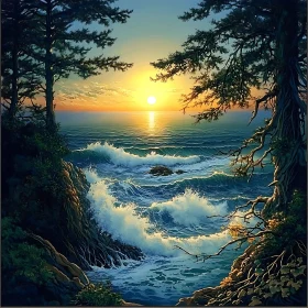 Ocean Sunset View with Trees and Waves