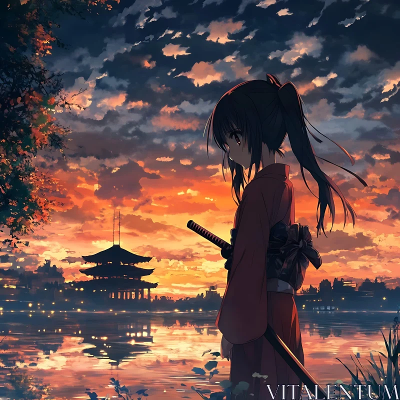 Sunset Reflection with Anime Samurai AI Image