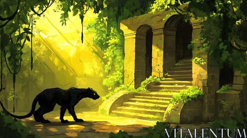 Black Panther at Ancient Ruins AI Image