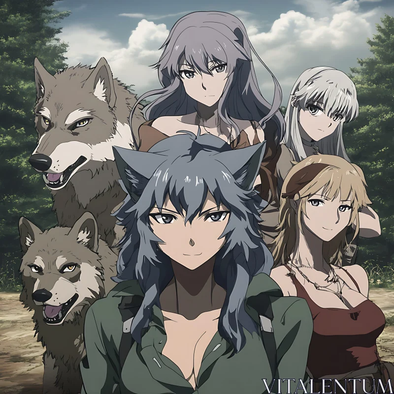 Forest Scene with Anime Girls and Wolves AI Image